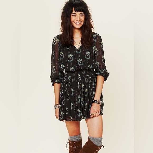 Free People Wild Horses Peacock Print Mini Dress | Boho | Black | Size XS - Picture 3 of 11